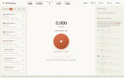 The AI Factories dashboard: a token counter above a large clickable reactor, flanked by hardware and upgrade panels.
