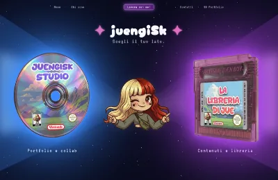 The Juengisk site: a neon studio-and-arcade split screen on a dark space backdrop, with game cartridges as navigation.
