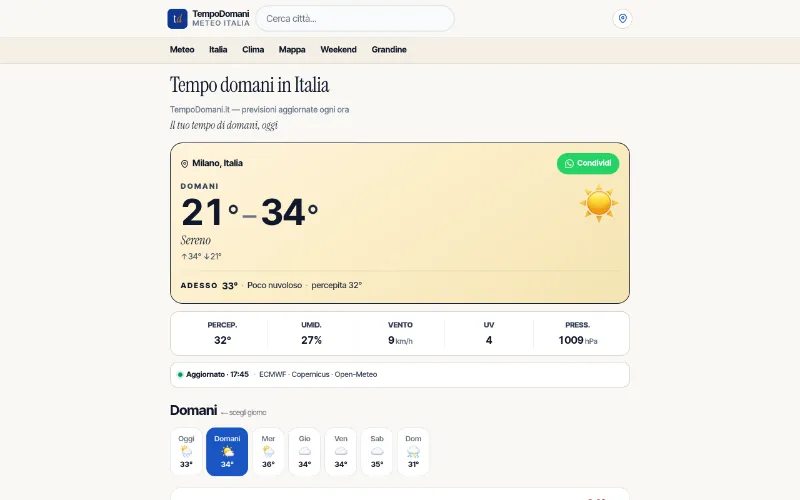 The Tempo Domani homepage: a seven-day Italian forecast laid out as a clean table, no advertising anywhere on the page.
