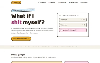 The PackPanic homepage, headed "What if I shit myself?", with a trip-planning wizard beneath it.